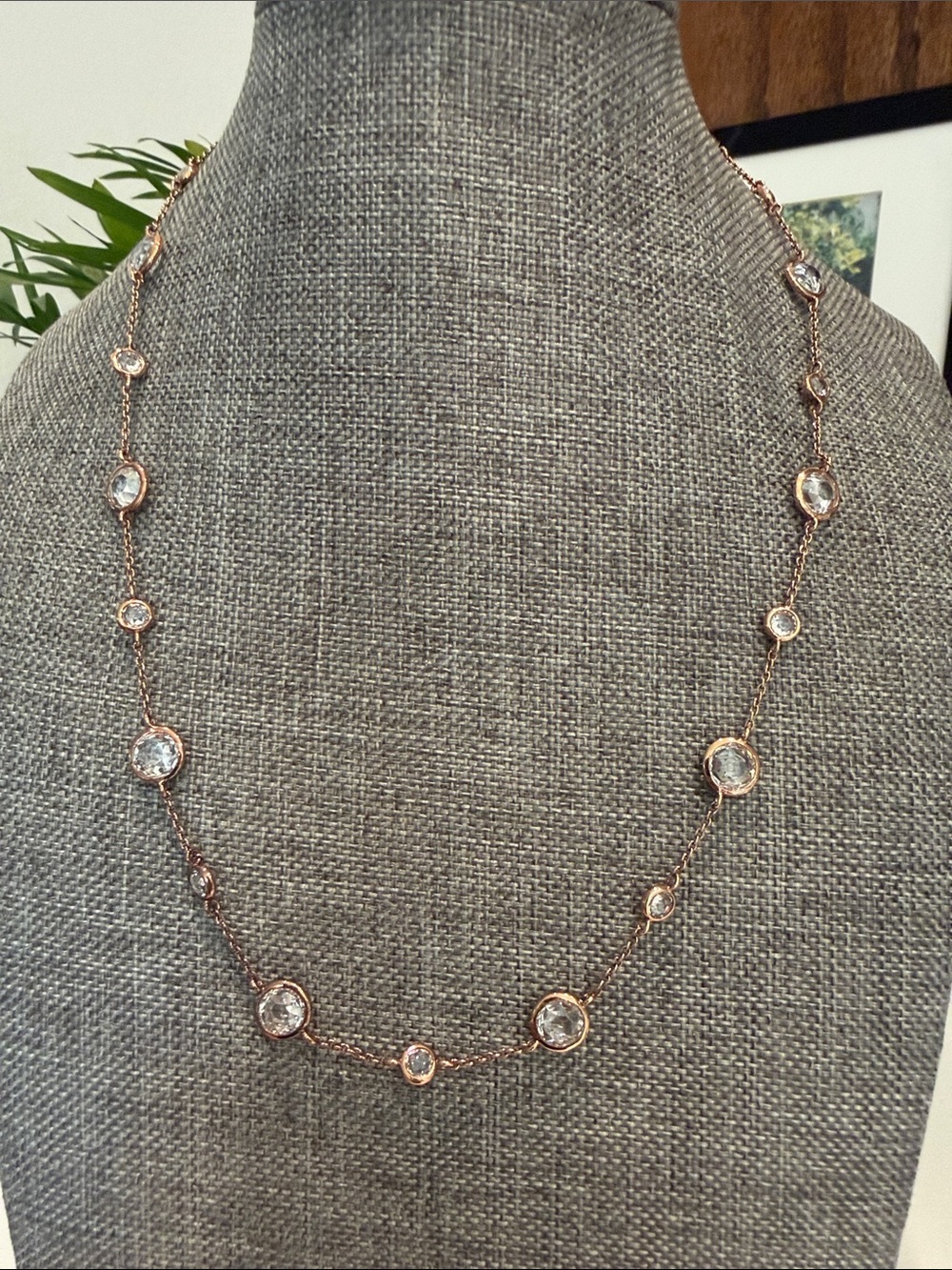 Rose Gold Tone Crystal Station Necklace | 15–17” Adjustable